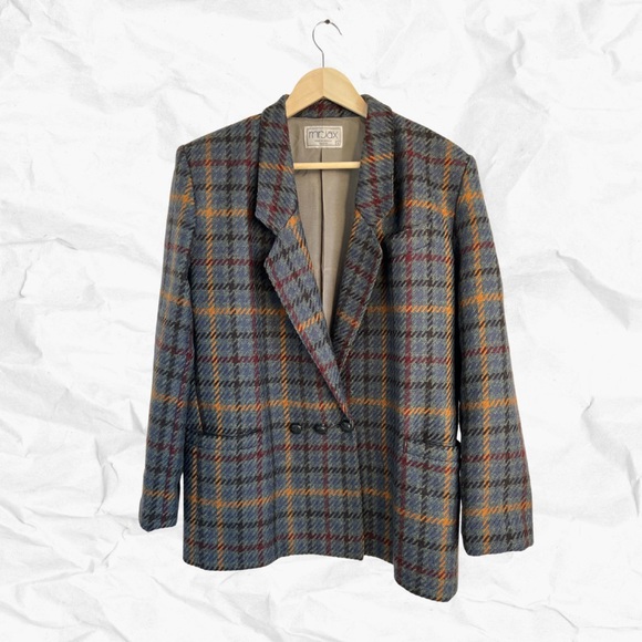 Vintage Plaid wool blazer in blue, orange and red - Picture 1 of 2